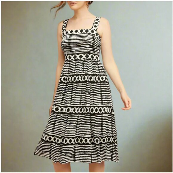 Tracy Reese x  Square Neck Midi Dress Small Petite Black Straps A-Line Tulle - Picture 1 of 8